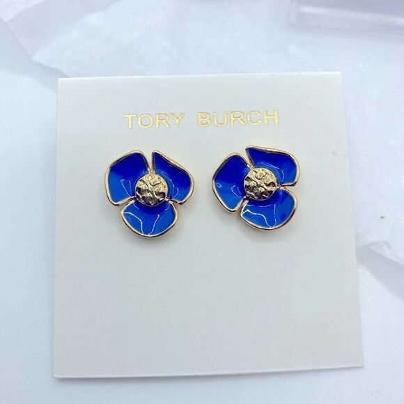 New Tory Burch Blue Gold Logo Flower Stud Earrings - Picture 1 of 7